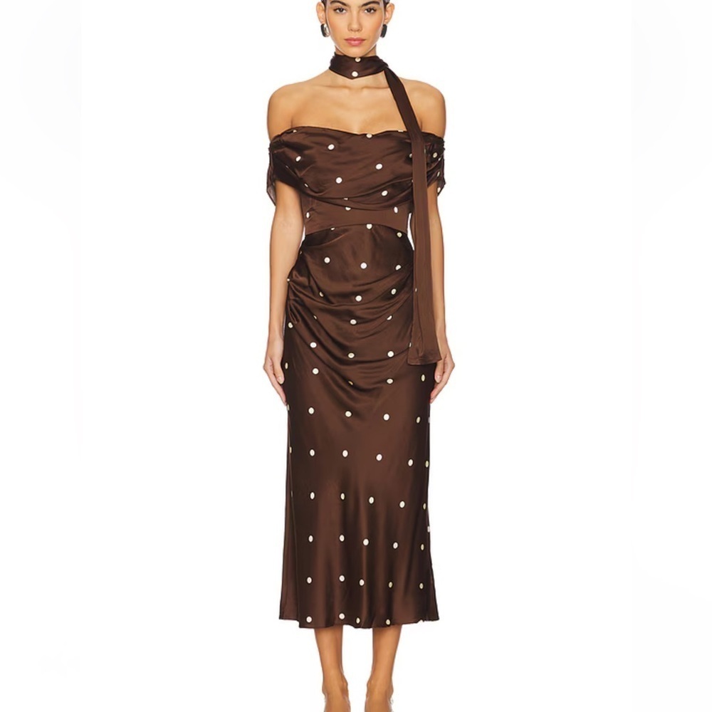LPA Luisa Midi Dress Brown & CreamPolka Dot satin Revolve NWT XS